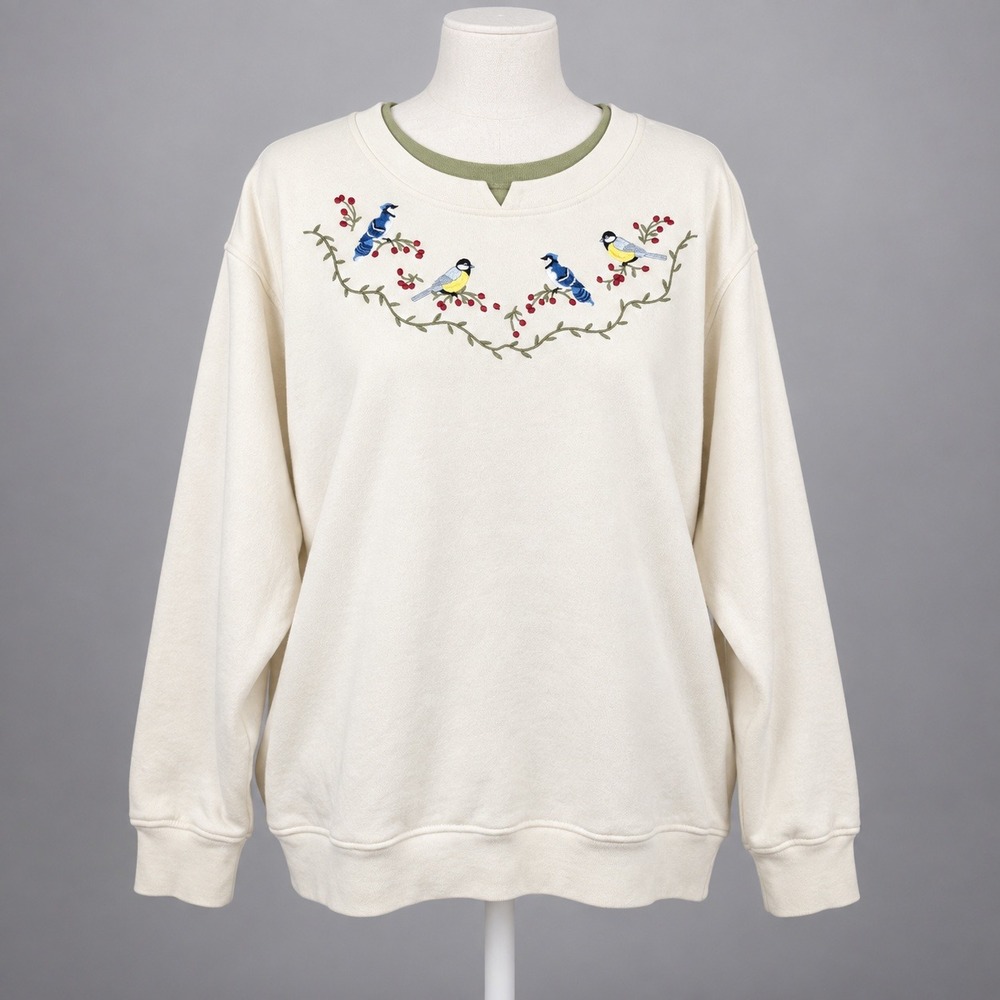 Vintage 90s Embroidered Bird Sweatshirt Size 1X Cream Bluejay Chickadee Cottage